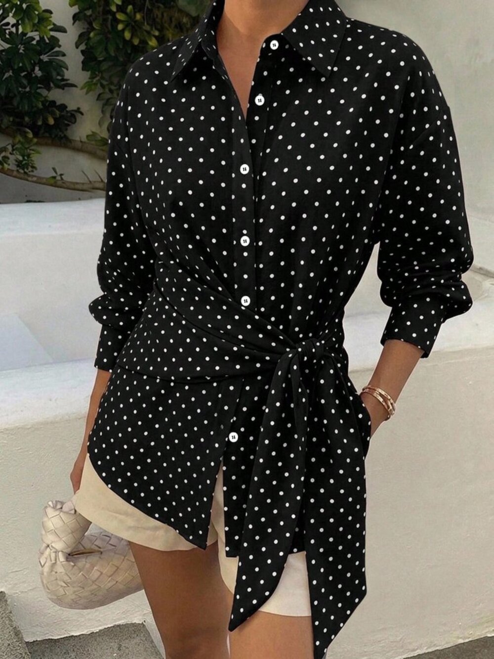 Black Casual Women's Polka Dot Office Wear Tie Cinched Long Sleeve Blouse
